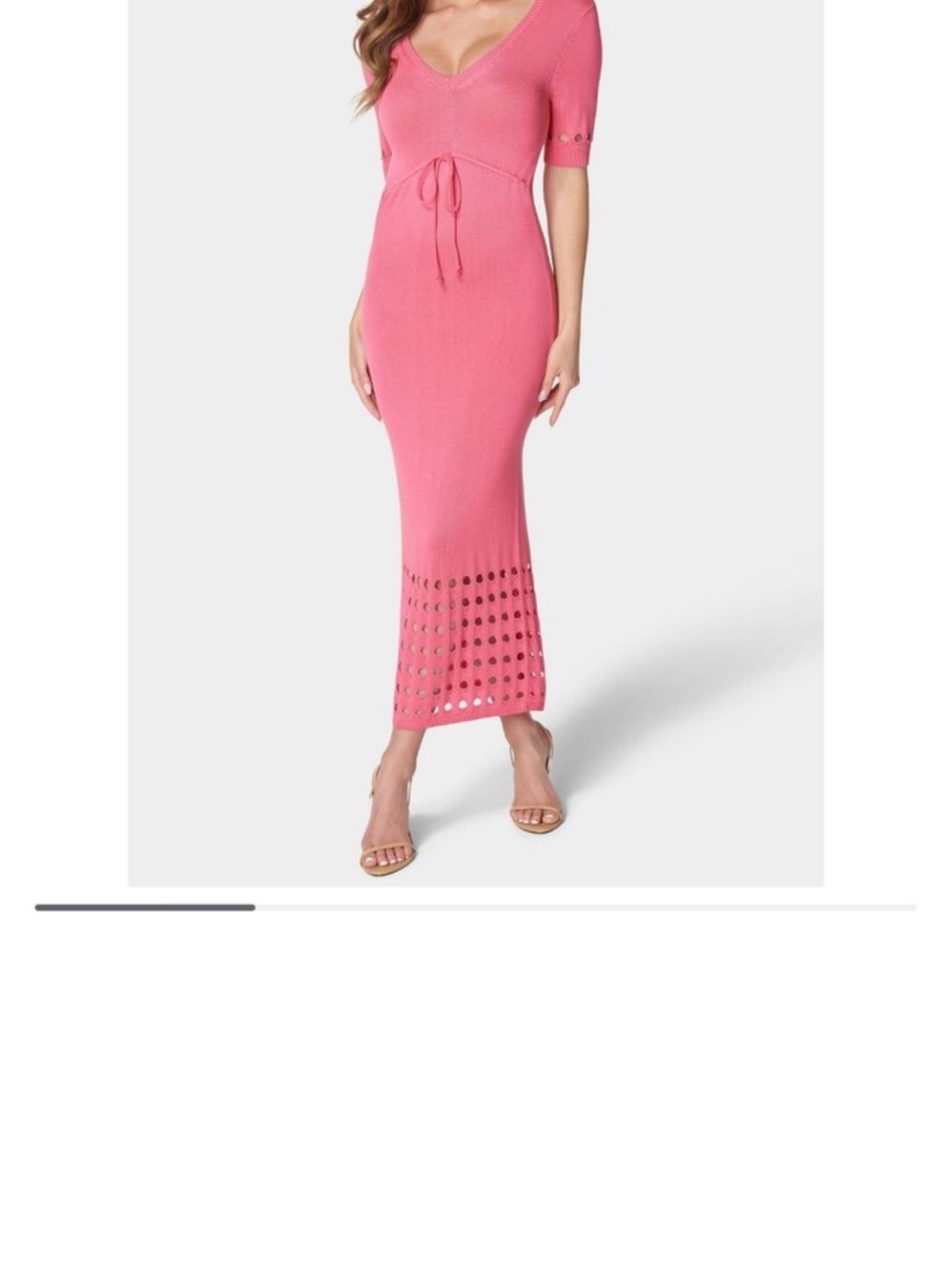 bebe Pink V‑Neck Knit Maxi Dress with Eyelet Hem